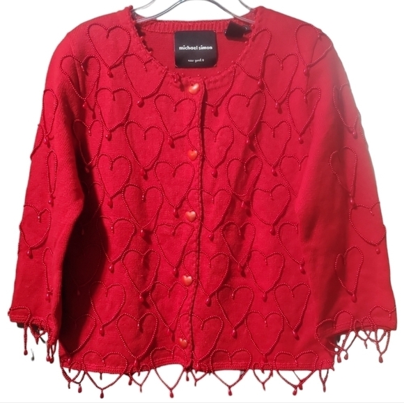 Vtg Michael Simon New York Red Valentine Heart Cardigan Small Date Night Beaded - Picture 1 of 6